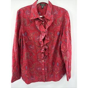 Ralph Lauren Jeans Co Button Down Shirt Vtg Womens Ruffled Paisley Festival 1X